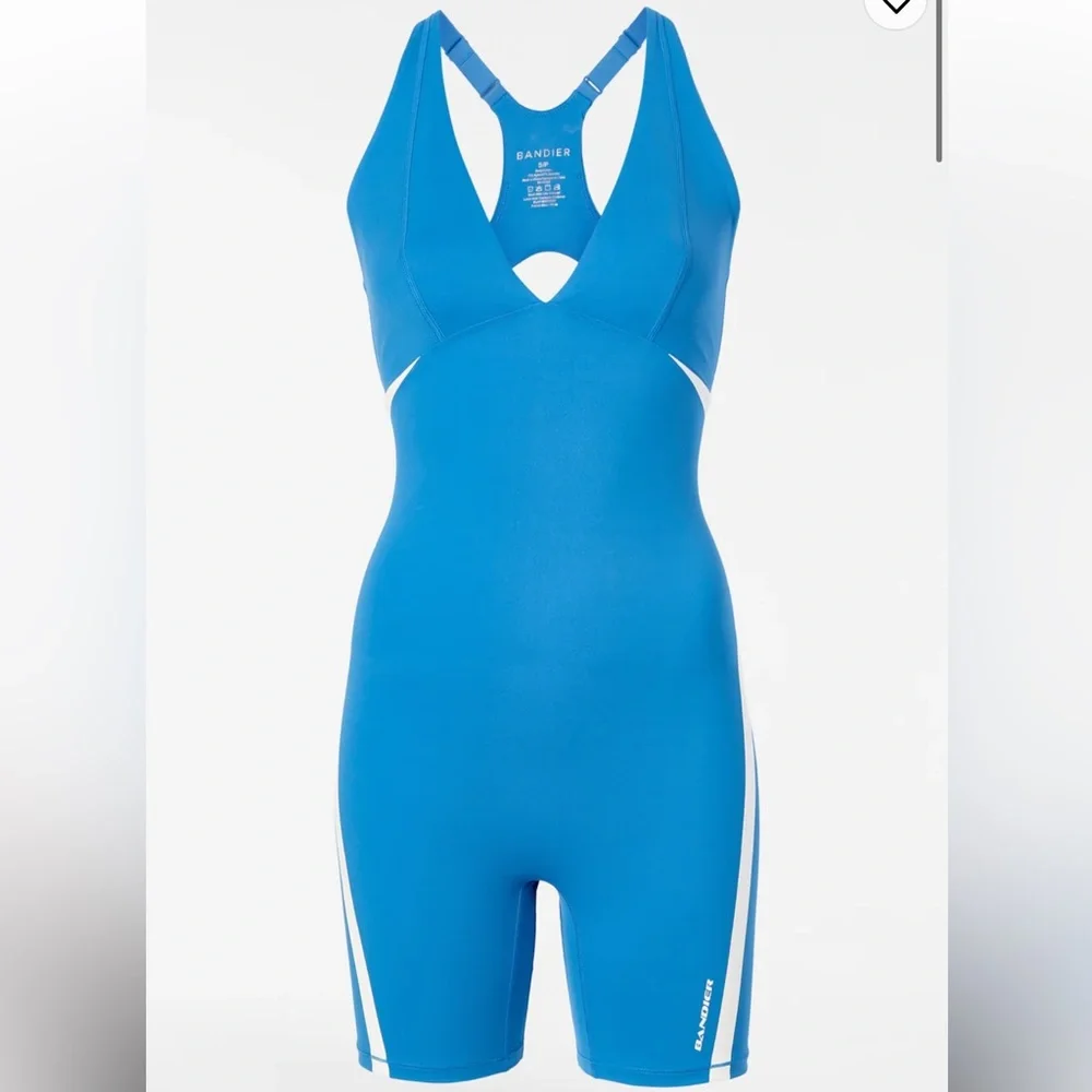 BANDIER V-Neck Plunge Contrast Short Catsuit 🐈‍⬛ Size S Blue White Luxury Chic
